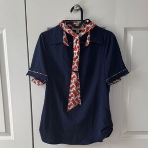 Stylish Navy Short Sleeve Top with Red Patterned Accents